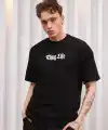 Erkek Bisiklet Yaka Baskılı  Kısa kol Oversize T-Shirt - Siyah