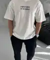 Erkek Bisiklet Yaka Baskılı Oversize  Kısa kol T-Shirt - Beyaz