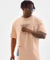 Erkek  Bisiklet Yaka Baskılı Oversize T-Shirt - Bej
