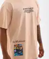 Erkek  Bisiklet Yaka Baskılı Oversize T-Shirt - Bej