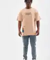 Erkek  Bisiklet Yaka Baskılı Oversize T-Shirt - Bej