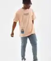 Erkek  Bisiklet Yaka Baskılı Oversize T-Shirt - Bej