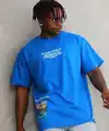 Erkek Bisiklet Yaka Baskılı Oversize T-Shirt - Mavi