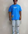 Erkek Bisiklet Yaka Baskılı Oversize T-Shirt - Mavi
