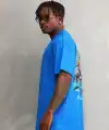 Erkek Bisiklet Yaka Baskılı Oversize T-Shirt - Mavi