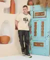 Erkek Bisiklet Yaka Tişört Nakış İşlemeli Kısa Kol Oversize T-Shirt - Bej