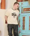 Erkek Bisiklet Yaka Tişört Nakış İşlemeli Kısa Kol Oversize T-Shirt - Bej