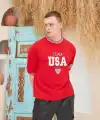 Erkek Bisiklet Yaka Tişört Nakış İşlemeli Kısa Kol Oversize T-Shirt - Kırmızı