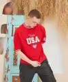 Erkek Bisiklet Yaka Tişört Nakış İşlemeli Kısa Kol Oversize T-Shirt - Kırmızı