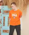 Erkek Bisiklet Yaka Tişört Nakış İşlemeli Kısa Kol Oversize T-Shirt - Turuncu