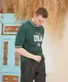 Erkek Bisiklet Yaka Tişört Nakış İşlemeli Kısa Kol Oversize T-Shirt - Yeşil