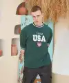 Erkek Bisiklet Yaka Tişört Nakış İşlemeli Kısa Kol Oversize T-Shirt - Yeşil