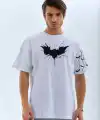 ERKEK Bisiklet yaka tişort Ön ve Kol YARASA Baskılı T-shirt - Beyaz