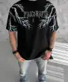 Erkek Bisiklet Yaka Tişört Yıldırım Şimşek Baskılı Kısa Kol T-Shirt -Siyah