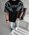 Erkek Bisiklet Yaka Tişört Yıldırım Şimşek Baskılı Kısa Kol T-Shirt -Siyah