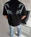 Erkek Bisiklet Yaka Tişört Yıldırım Şimşek Baskılı Kısa Kol T-Shirt -Siyah
