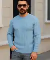 Erkek Bisiklet Yaka Triko Kazak Pamuklu Kalın Fitilli Dokuma - Bebe Mavisi