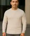 Erkek Bisiklet Yaka Triko Kazak Pamuklu Kalın Fitilli Dokuma Regular Fit - Bej