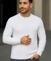 Erkek Bisiklet Yaka Triko Kazak Pamuklu Kalın Fitilli Dokuma Regular Fit - Beyaz