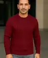Erkek Bisiklet Yaka Triko Kazak Pamuklu Kalın Fitilli Dokuma Regular Fit - Bordo