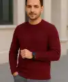 Erkek Bisiklet Yaka Triko Kazak Pamuklu Kalın Fitilli Dokuma Regular Fit - Bordo