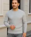 Erkek Bisiklet Yaka Triko Kazak Pamuklu Kalın Fitilli Dokuma Regular Fit - Gri