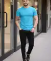 Erkek Body Tişört Bisiklet Yaka Slim Fit Likralı T-Shirt - Açık Mavi