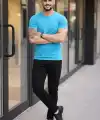 Erkek Body Tişört Bisiklet Yaka Slim Fit Likralı T-Shirt - Açık Mavi