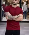 Erkek Body Tişört Bisiklet Yaka Slim Fit Likralı T-Shirt - Bordo