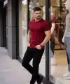 Erkek Body Tişört Bisiklet Yaka Slim Fit Likralı T-Shirt - Bordo