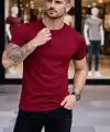Erkek Body Tişört Bisiklet Yaka Slim Fit Likralı T-Shirt - Bordo