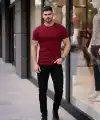 Erkek Body Tişört Bisiklet Yaka Slim Fit Likralı T-Shirt - Bordo