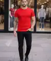 Erkek Body Tişört Bisiklet Yaka Slim Fit Likralı T-Shirt - Kırmızı