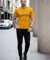 Erkek Body Tişört Bisiklet Yaka Slim Fit Likralı T-Shirt - Limon