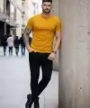 Erkek Body Tişört Bisiklet Yaka Slim Fit Likralı T-Shirt - Limon