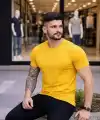Erkek Body Tişört Bisiklet Yaka Slim Fit Likralı T-Shirt - Sarı