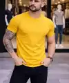 Erkek Body Tişört Bisiklet Yaka Slim Fit Likralı T-Shirt - Sarı