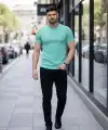 Erkek Body Tişört Bisiklet Yaka Slim Fit Likralı T-Shirt - Turkuvaz