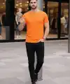 Erkek Body Tişört Bisiklet Yaka Slim Fit Likralı T-Shirt - Turuncu