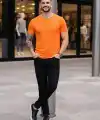 Erkek Body Tişört Bisiklet Yaka Slim Fit Likralı T-Shirt - Turuncu