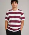 Erkek Çizgili Oversize Tişört Bisiklet Yaka Kısa Kol Yazlık T-Shirt - Bordo