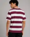 Erkek Çizgili Oversize Tişört Bisiklet Yaka Kısa Kol Yazlık T-Shirt - Bordo