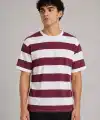 Erkek Çizgili Oversize Tişört Bisiklet Yaka Kısa Kol Yazlık T-Shirt - Bordo