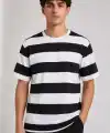 Erkek Çizgili Oversize Tişört Bisiklet Yaka Kısa Kol Yazlık T-Shirt - Siyah