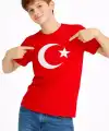 Erkek Çocuk Tişört Bisiklet Yaka Ay Yıldız Bayrak Baskılı T-Shirt - Kırmızı