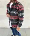 Erkek Desenli Polar Gömlek – Etnik Şerit Desen Yakalı, Uzun Kollu, Düğmeli, Oversize Rahat Kalıp - Füme