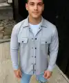 Erkek Diagonal Kumaş Cepli Çıtçıtlı uzun Kollu, Gömlek Oversize Rahat Kalıp Günlük Şık Stil - Gri