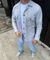 Erkek Diagonal Kumaş Cepli Çıtçıtlı uzun Kollu, Gömlek Oversize Rahat Kalıp Günlük Şık Stil - Gri