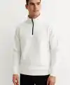 Erkek Dik Yaka Yarım Fermuarlı 3 İplik Pamuklu Sweatshirt - Beyaz