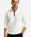 Erkek Dik Yaka Yarım Fermuarlı 3 İplik Pamuklu Sweatshirt - Beyaz
